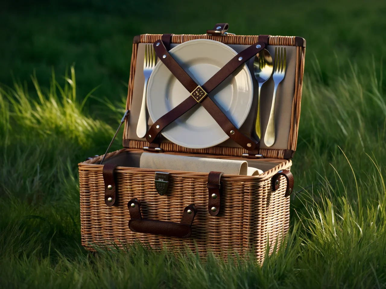 Flettet picnickurv med læderremme og åbent låg på græs